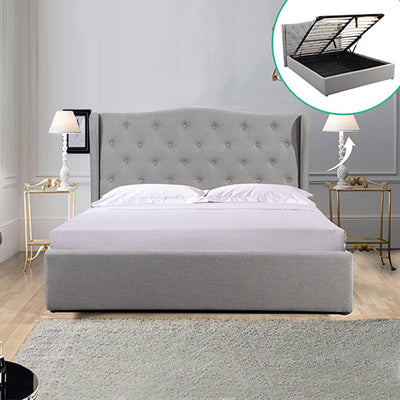 Dealsmate Gas Lift Queen Size Storage Bed Frame Upholstery Fabric in Grey Colour with Tufted Headboard and Wings