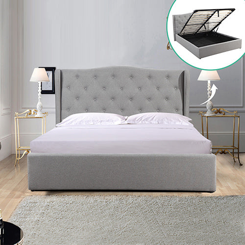 Dealsmate Gas Lift Queen Size Storage Bed Frame Upholstery Fabric in Grey Colour with Tufted Headboard and Wings