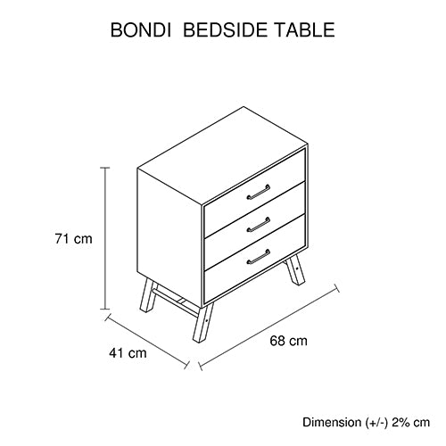 Dealsmate Bondi 3 drawers Bedside Table Ozzy Colour