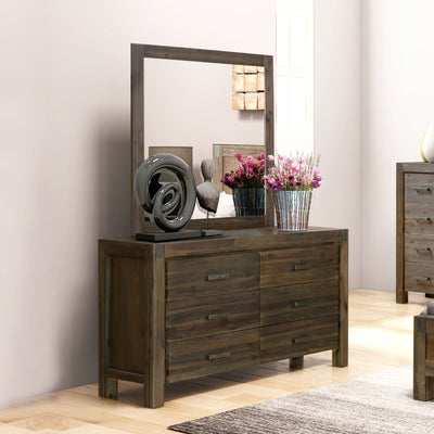 Dealsmate Dresser with 6 Storage Drawers in Solid Acacia & Veneer With Mirror in Chocolate Colour