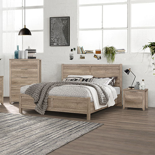 Dealsmate 5 Pieces Bedroom Suite Natural Wood Like MDF Structure Double Size Oak Colour Bed, Bedside Table, Tallboy & Dresser