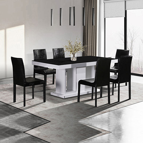 Dealsmate 7 Pieces Dining Suite Dining Table & 6X  Black Chairs in Rectangular Shape High Glossy MDF Wooden Base Combination of Black & White Colour
