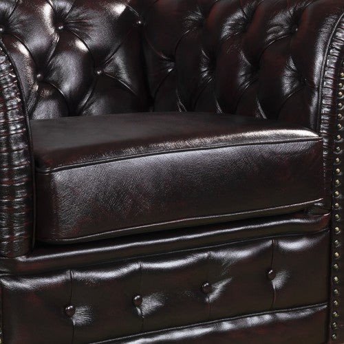 Dealsmate 3+2+1 Seater Genuine Leather Upholstery Deep Quilting Pocket Spring Button Studding Sofa Lounge Set for Living Room Couch In Burgandy Colour