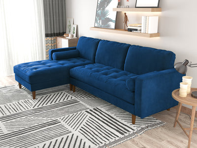 Dealsmate Velvet Upholstery 2 Seater Tufted Sofa Blue Color Lounge Set for Living Room Couch with Chaise