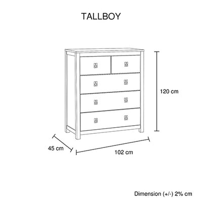 Dealsmate Tallboy with 5 Storage Drawers in Cloud White Ash Color with Solid Acacia Wooden Frame