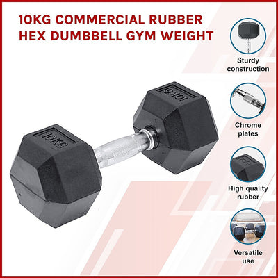Dealsmate 10KG Commercial Rubber Hex Dumbbell Gym Weight