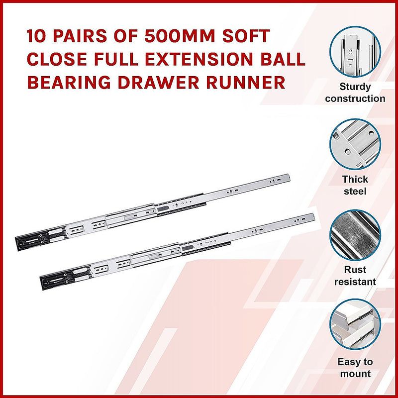 Dealsmate 10 Pairs of 500mm Soft Close Full Extension Ball Bearing Drawer Runner