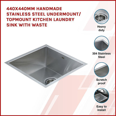 Dealsmate 440x440mm Handmade Stainless Steel Undermount / Topmount Kitchen Laundry Sink with Waste