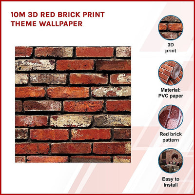 Dealsmate 10m 3D Red Brick Print Theme Wallpaper