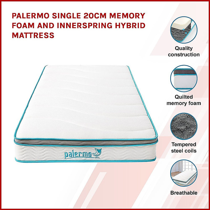 Dealsmate Palermo Single 20cm Memory Foam and Innerspring Hybrid Mattress