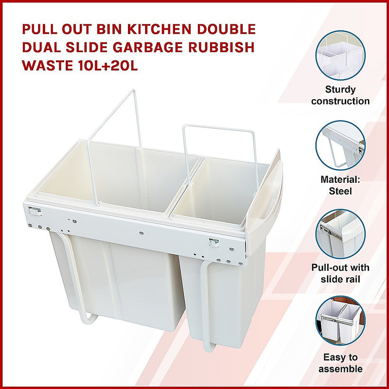 Dealsmate Pull Out Bin Kitchen Double Dual Slide Garbage Rubbish Waste 10L+20L