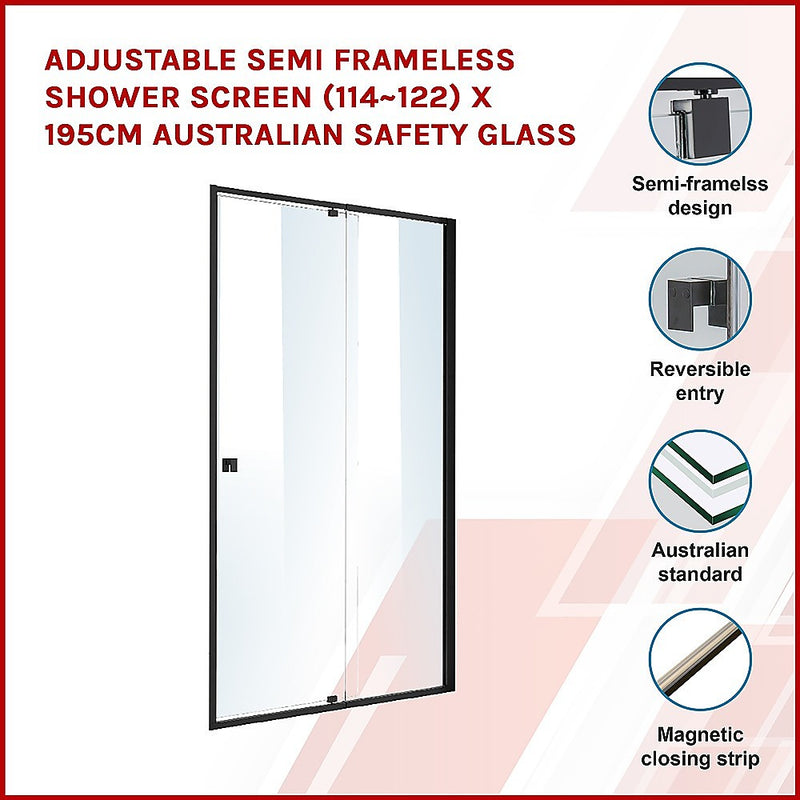 Dealsmate Adjustable Semi Frameless Shower Screen (114~122) x 195cm Australian Safety Glass