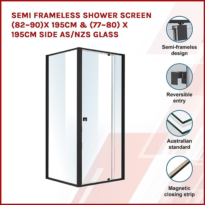 Dealsmate Semi Frameless Shower Screen (82~90)x 195cm & (77~80)x 195cm Side AS/NZS Glass