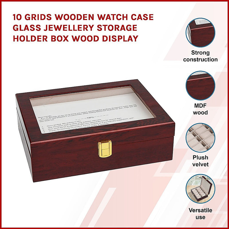 Dealsmate 10 Grids Wooden Watch Case Glass Jewellery Storage Holder Box Wood Display