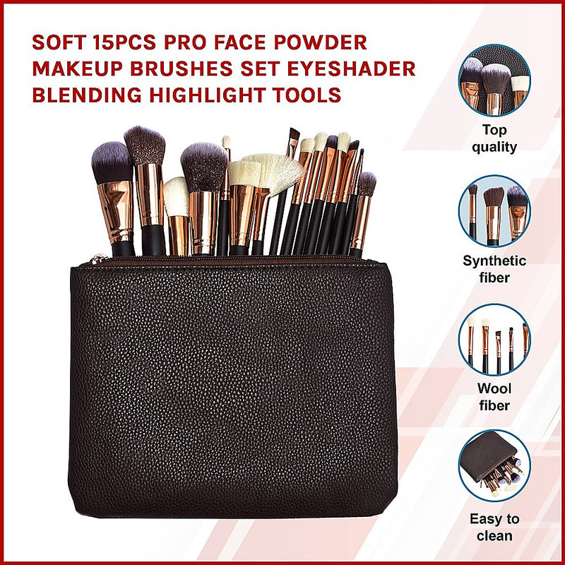 Dealsmate Soft 15Pcs Pro Face Powder Makeup Brushes Set Eyeshader Blending Highlight Tools