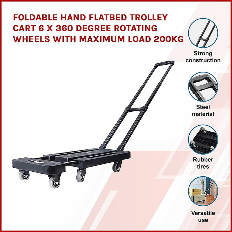 Dealsmate Foldable Hand Flatbed Trolley Cart 6 x 360 Degree Rotating Wheels with Maximum Load 200Kg