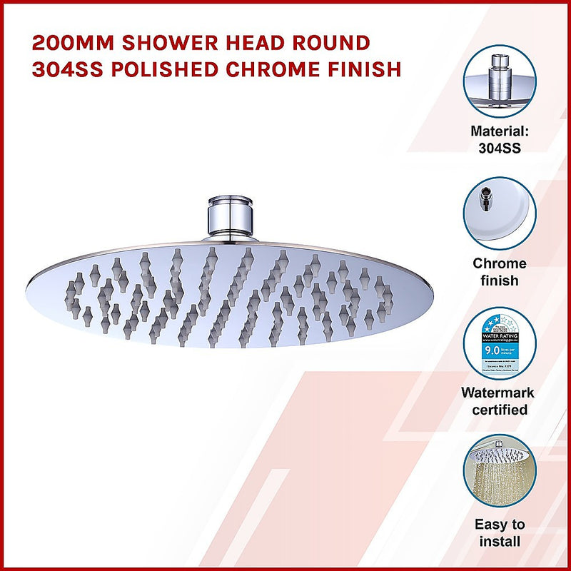 Dealsmate 200mm Shower Head Round 304SS Polished Chrome Finish