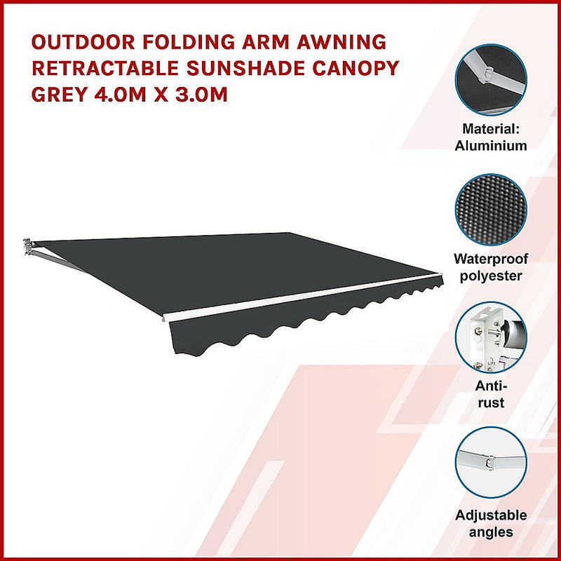 Dealsmate Outdoor Folding Arm Awning Retractable Sunshade Canopy Grey 4.0m x 3.0m
