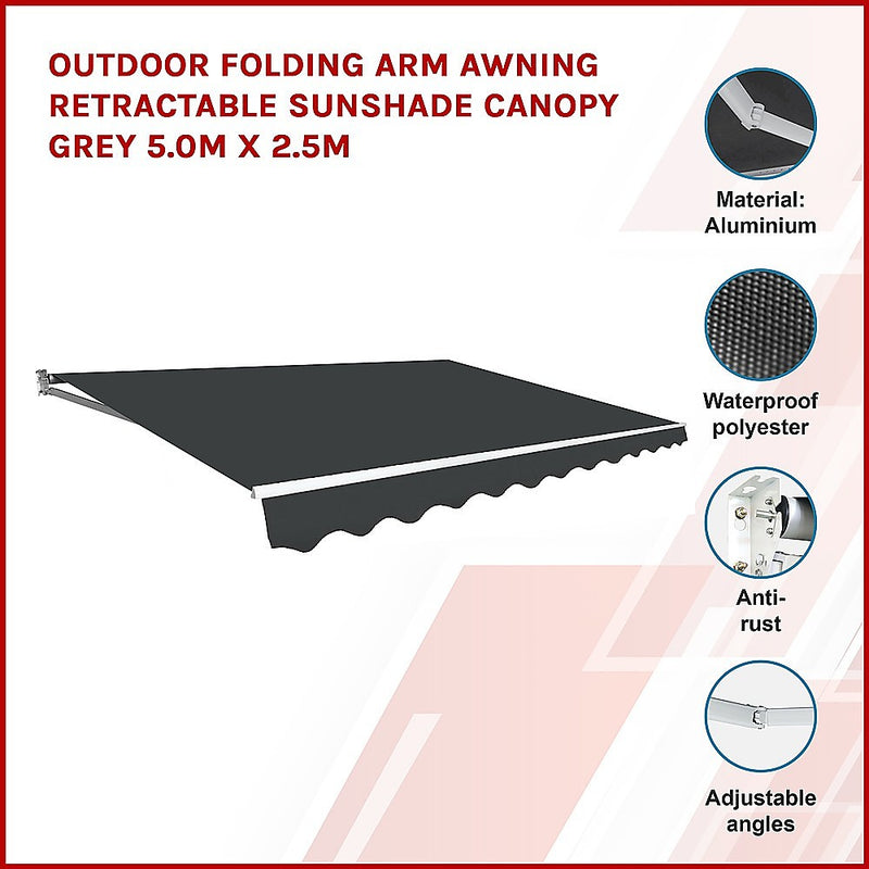 Dealsmate Outdoor Folding Arm Awning Retractable Sunshade Canopy Grey 5.0m x 2.5m