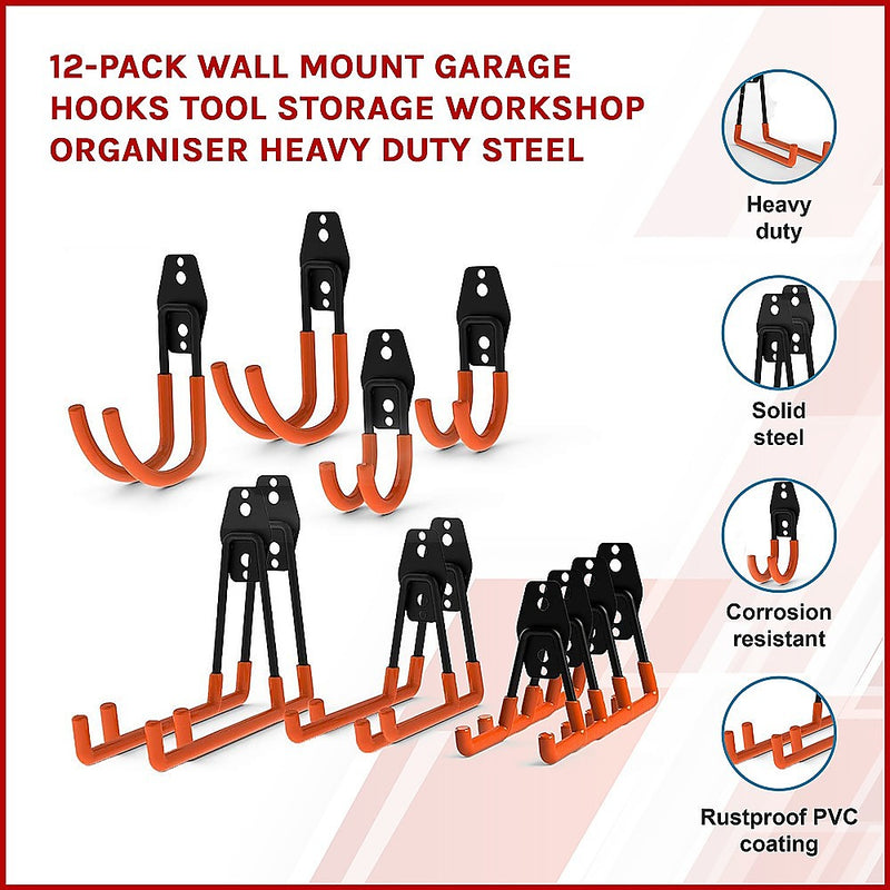 Dealsmate 12-Pack Wall Mount Garage Hooks Tool Storage Workshop Organiser Heavy Duty Steel