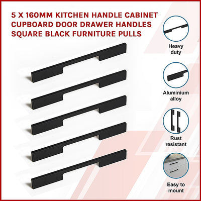 Dealsmate 5 x 160mm Kitchen Handle Cabinet Cupboard Door Drawer Handles square Black furniture pulls