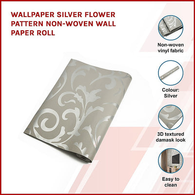 Dealsmate Wallpaper Silver Flower Pattern Non-woven Wall Paper Roll