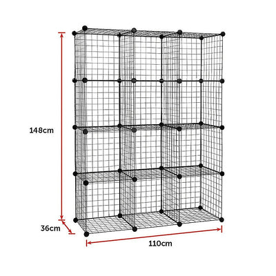 Dealsmate 12 Cube Wire Grid Organiser Bookcase Storage Cabinet Wardrobe Closet Black