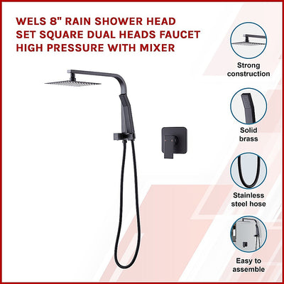 Dealsmate WELS 8 Rain Shower Head Set Square Dual Heads Faucet High Pressure With Mixer