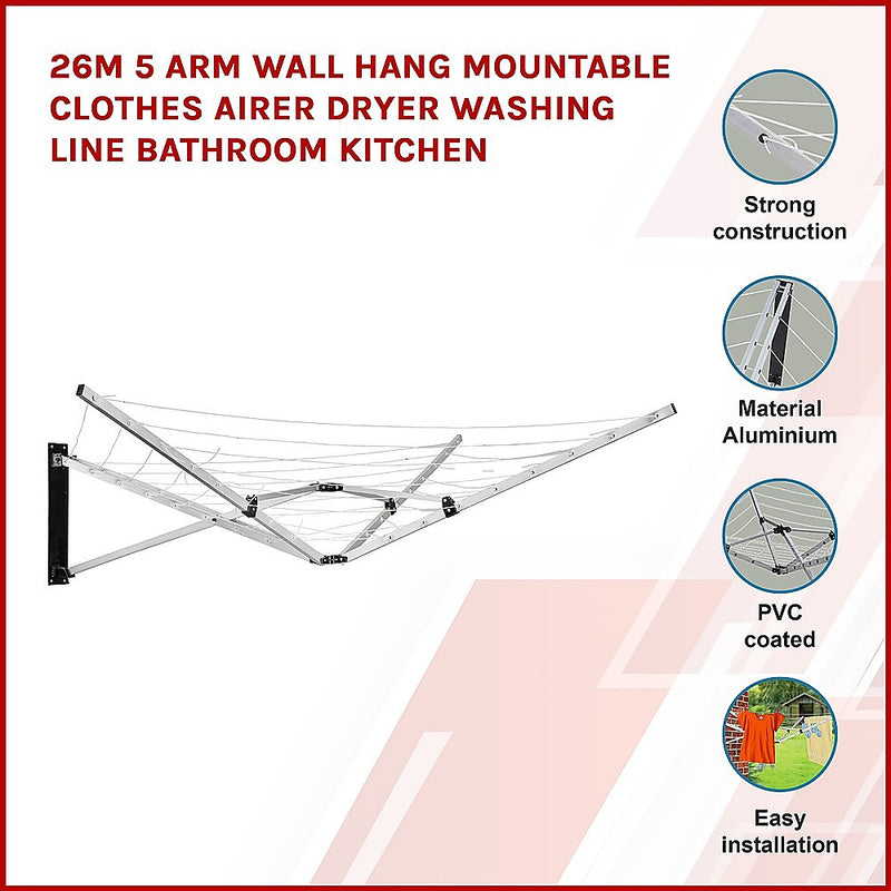 Dealsmate 26m 5 Arm Wall Hang Mountable Clothes Airer Dryer Washing Line Bathroom Kitchen
