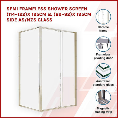 Dealsmate Semi Frameless Shower Screen (114~122)x 195cm & (89~92)x 195cm Side AS/NZS Glass