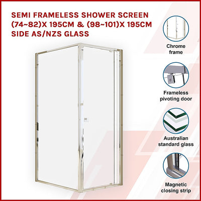 Dealsmate Semi Frameless Shower Screen (74~82)x 195cm & (98~101)x 195cm Side AS/NZS Glass