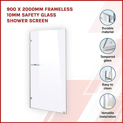 Dealsmate 900 x 2000mm Frameless 10mm Safety Glass Shower Screen