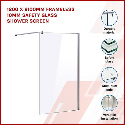 Dealsmate 1200 x 2100mm Frameless 10mm Safety Glass Shower Screen