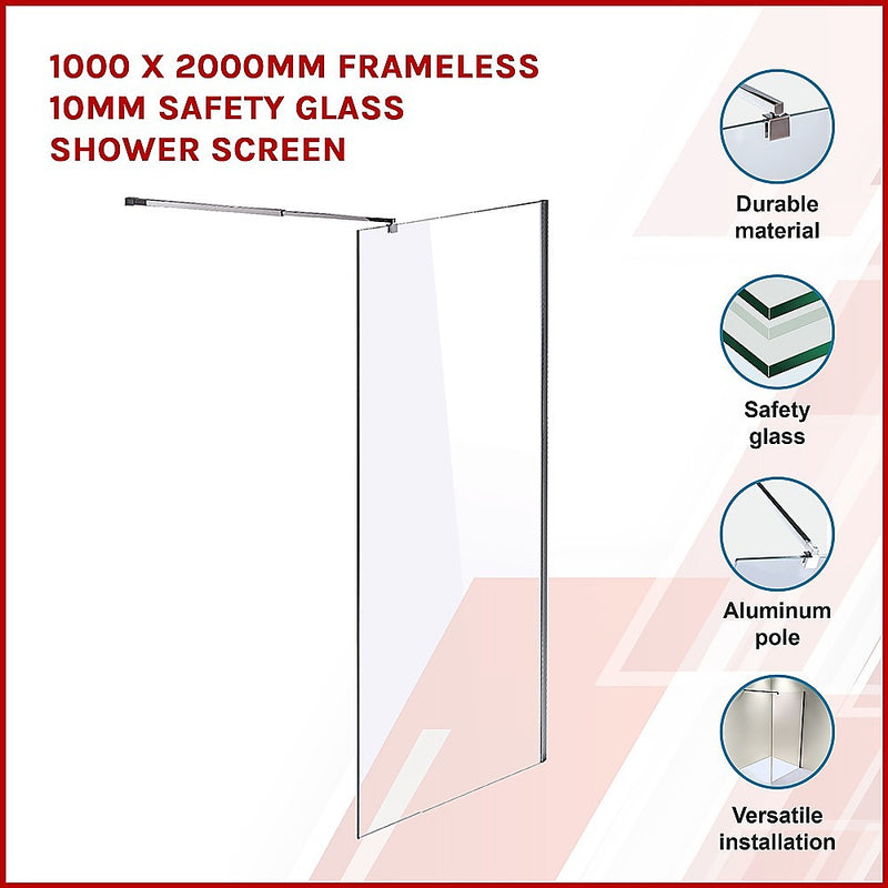 Dealsmate 1000 x 2000mm Frameless 10mm Safety Glass Shower Screen
