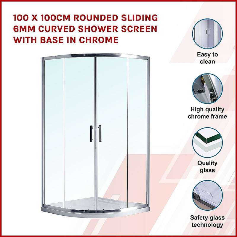 Dealsmate 100 x 100cm Rounded Sliding 6mm Curved Shower Screen with Base in Chrome
