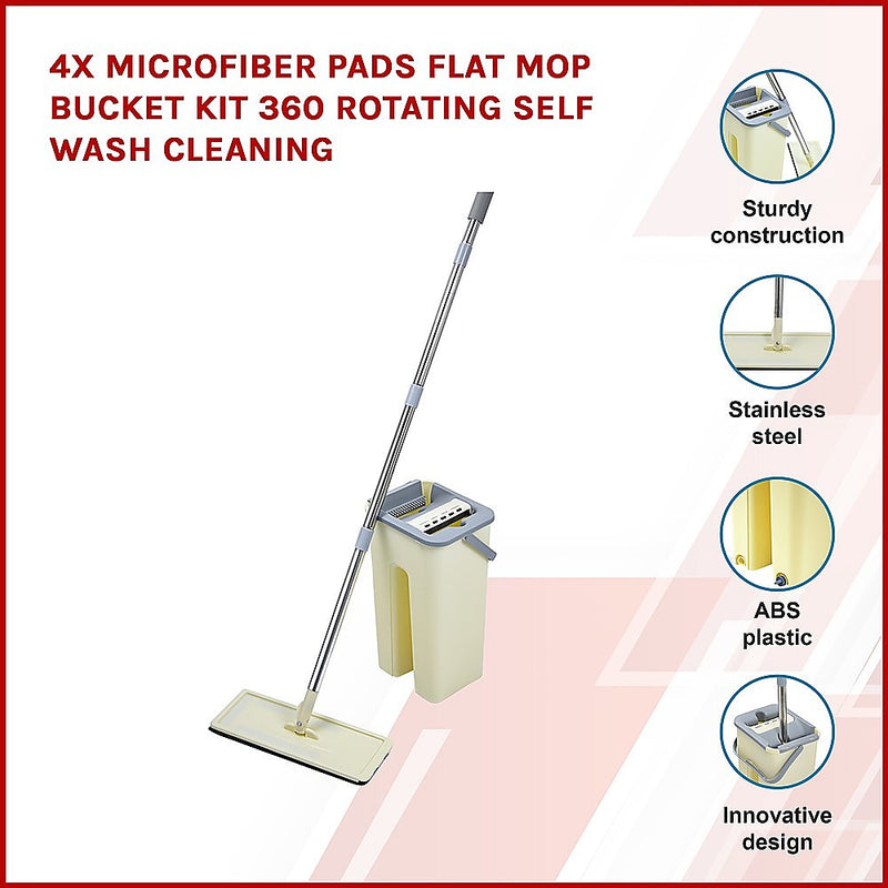 Dealsmate 4x Microfiber Pads Flat Mop Bucket Kit 360 Rotating Self Wash Cleaning
