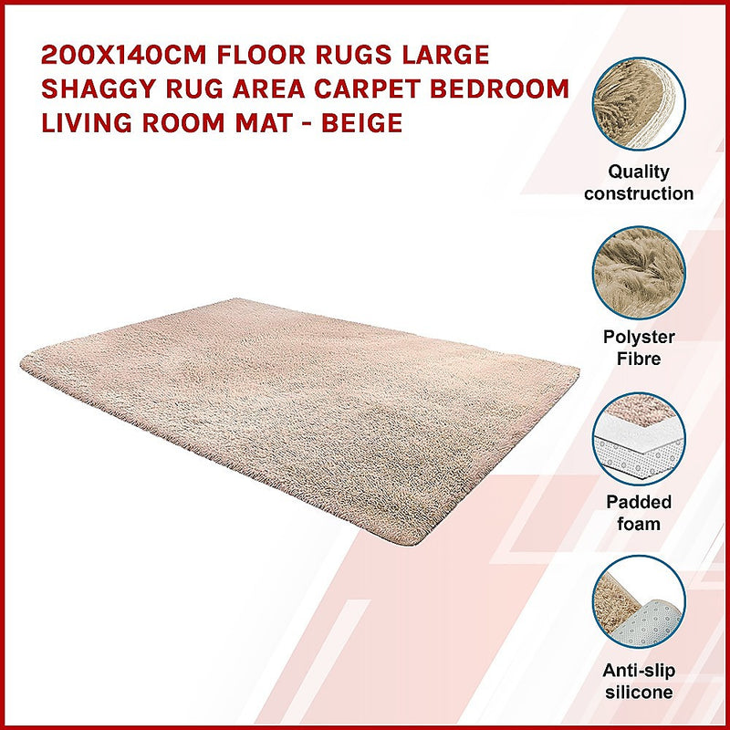 Dealsmate 200x140cm Floor Rugs Large Shaggy Rug Area Carpet Bedroom Living Room Mat - Beige