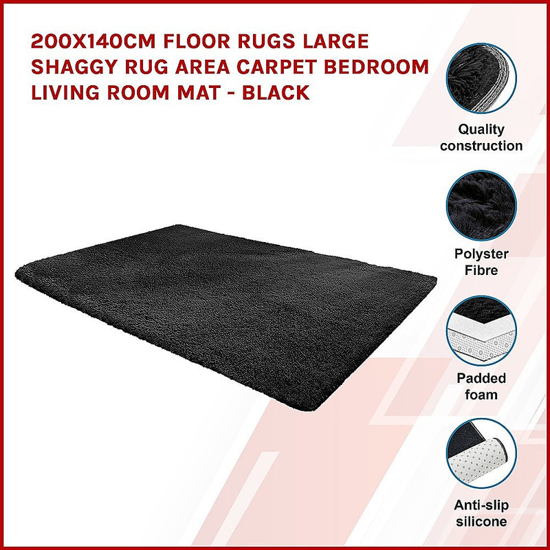 Dealsmate 200x140cm Floor Rugs Large Shaggy Rug Area Carpet Bedroom Living Room Mat - Black