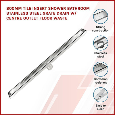Dealsmate 800mm Tile Insert Shower Bathroom Stainless Steel Grate Drain w/Centre outlet Floor Waste