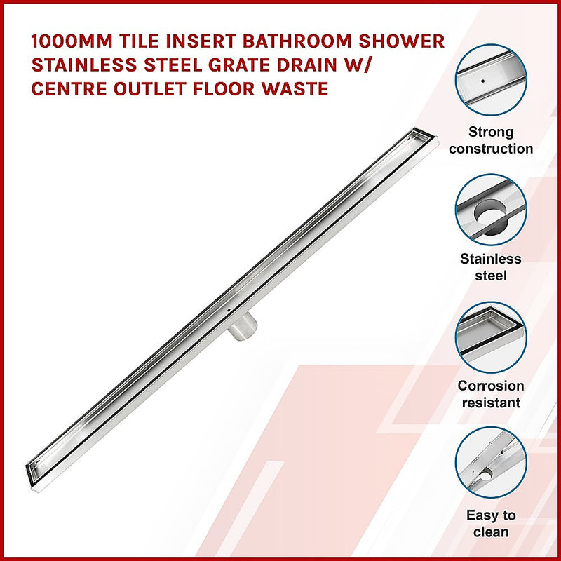 Dealsmate 1000mm Tile Insert Bathroom Shower Stainless Steel Grate Drain w/Centre outlet Floor Waste