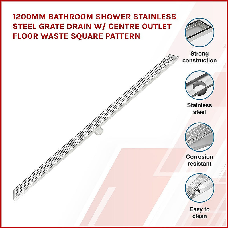 Dealsmate 1200mm Tile Insert Bathroom Shower Stainless Steel Grate Drain w/Centre outlet Floor Waste