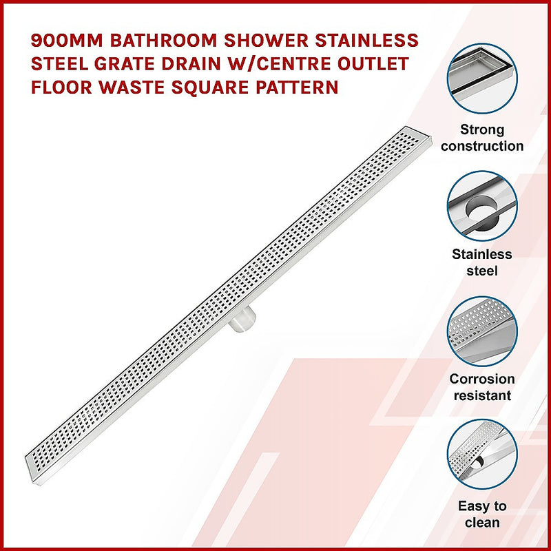 Dealsmate 900mm Bathroom Shower Stainless Steel Grate Drain w/Centre outlet Floor Waste Square Pattern