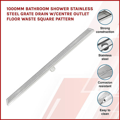 Dealsmate 1000mm Bathroom Shower Stainless Steel Grate Drain w/Centre outlet Floor Waste Square Pattern