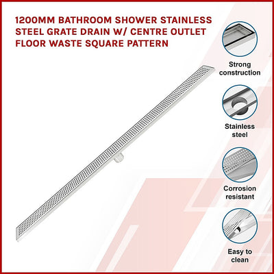 Dealsmate 1200mm Bathroom Shower Stainless Steel Grate Drain w/Centre outlet Floor Waste Square Pattern