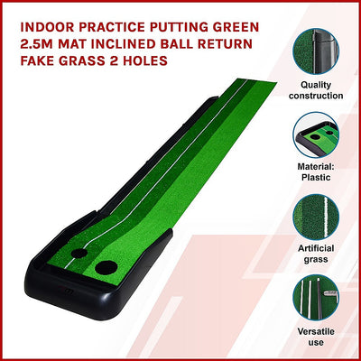 Dealsmate Indoor Practice Putting Green 2.5m Mat Inclined Ball Return Fake Grass 2 Holes