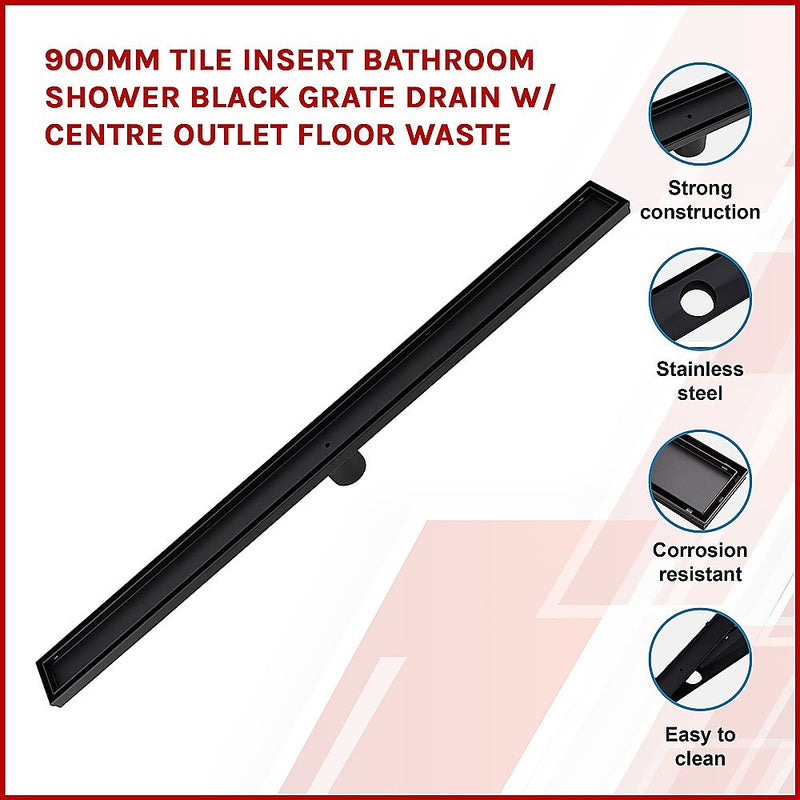Dealsmate 900mm Tile Insert Bathroom Shower Black Grate Drain w/Centre outlet Floor Waste