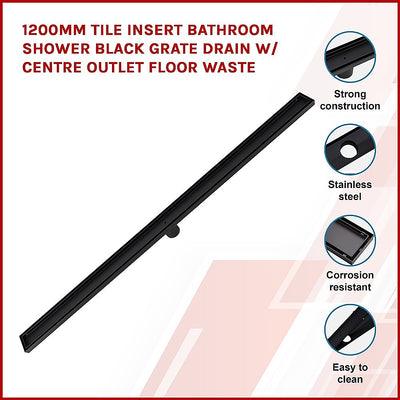 Dealsmate 1200mm Tile Insert Bathroom Shower Black Grate Drain w/Centre outlet Floor Waste