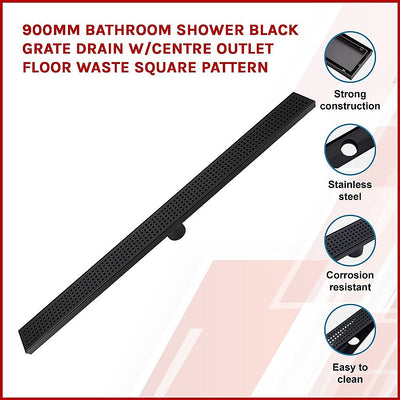 Dealsmate 900mm Bathroom Shower Black Grate Drain w/Centre outlet Floor Waste Square Pattern