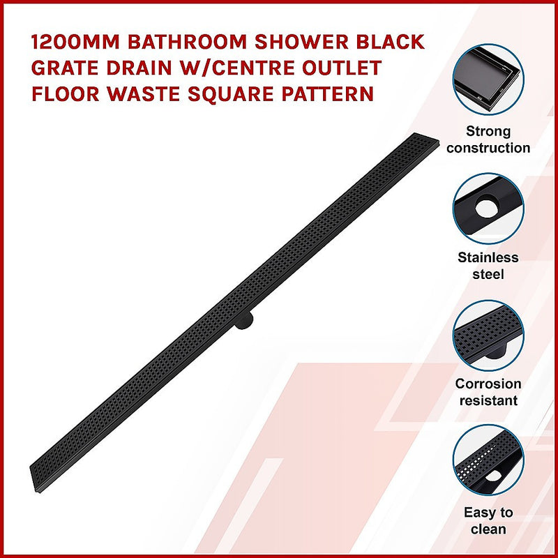 Dealsmate 1200mm Bathroom Shower Black Grate Drain w/Centre outlet Floor Waste Square Pattern