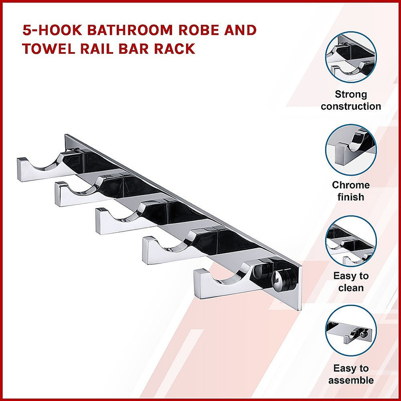 Dealsmate 5-Hook Bathroom Robe and Towel Rail Bar Rack